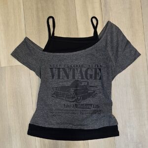 Gray Off-Shoulder Vintage Graphic Top with Black Layer